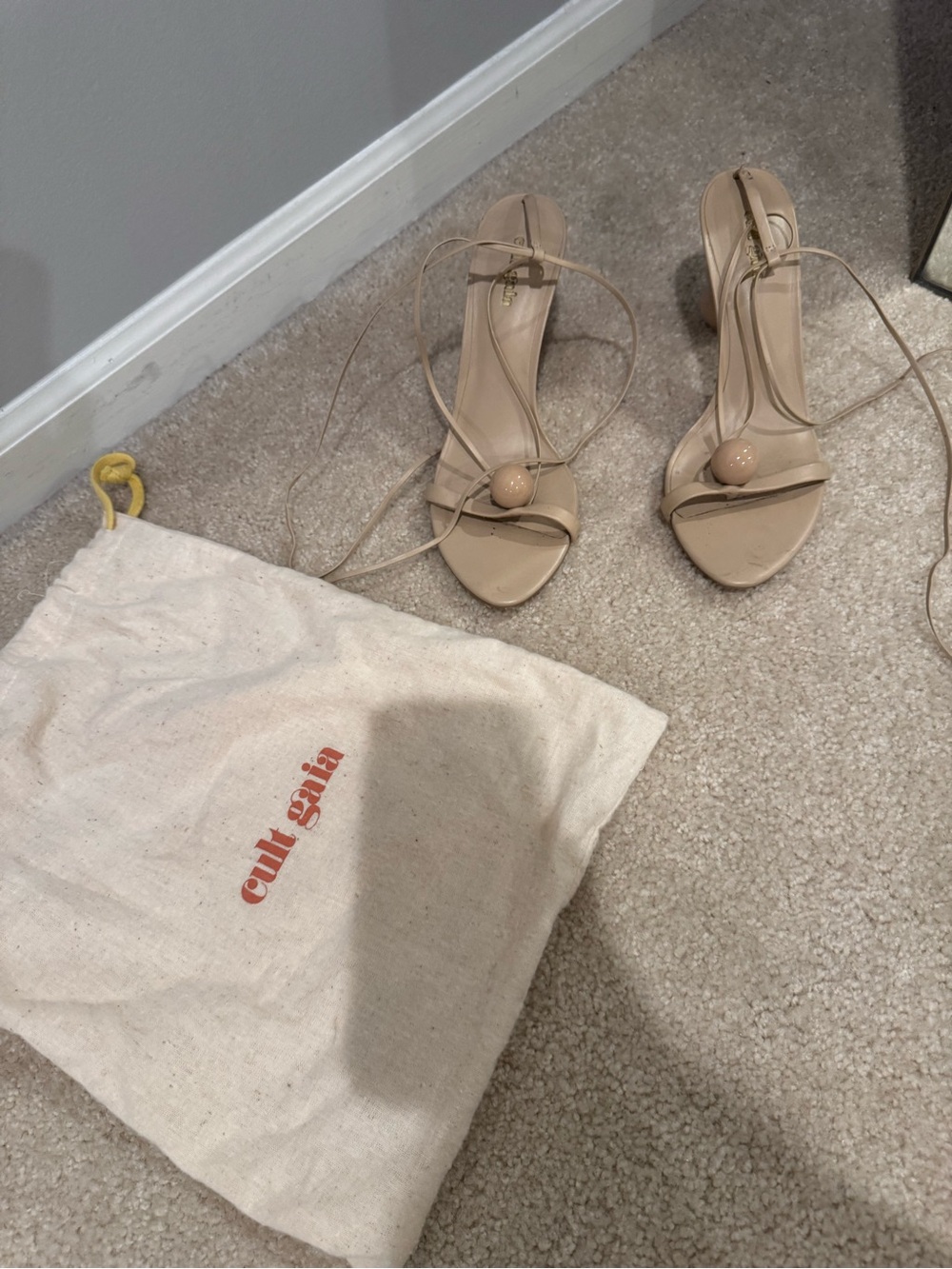 cult gaia beige lace-up heeled sandals with signature ball detail